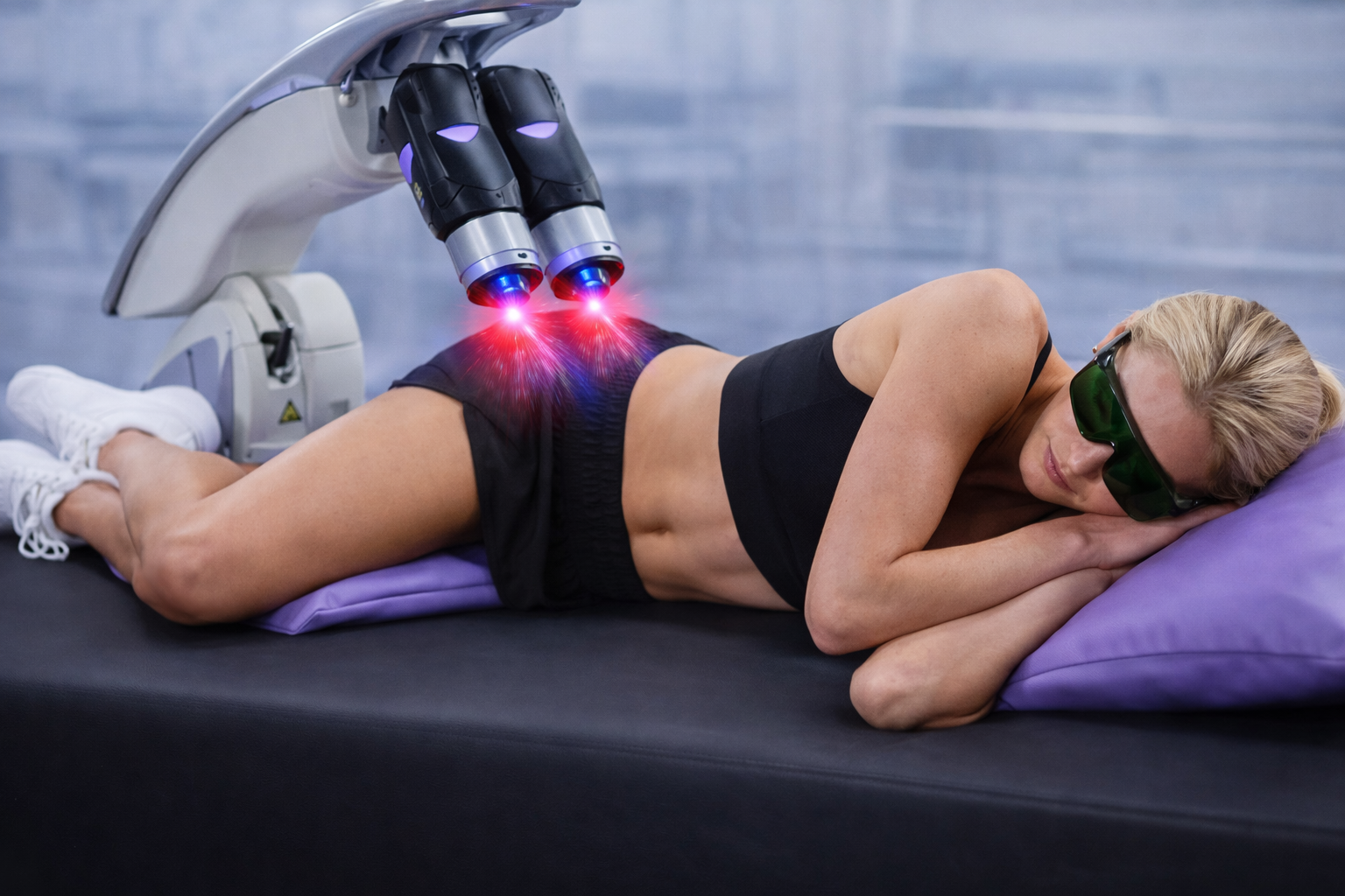 MLS laser therapy device delivering dual-wavelength light treatment to a patient at Pain Doctors Medical